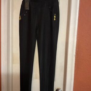 CI Fashion brand new black stretch pants with gold design on front pockets